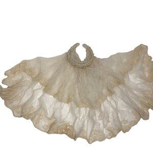 Antique Ivory Lace Christening Gauze‎ Veil Mantilla Floral Embroidery Beaded Cap